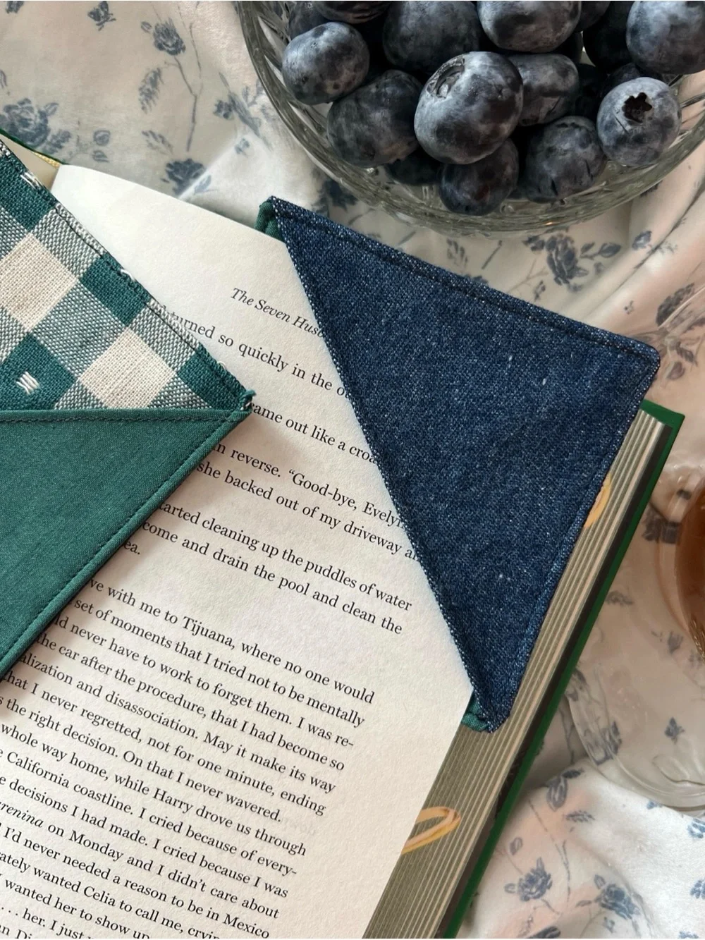 Handmade Green Gingham Navy Denim Corner Bookmark Set